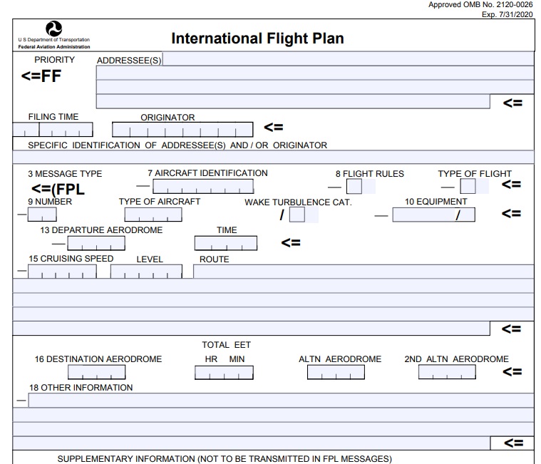 Образец формы плана полета по ICAO